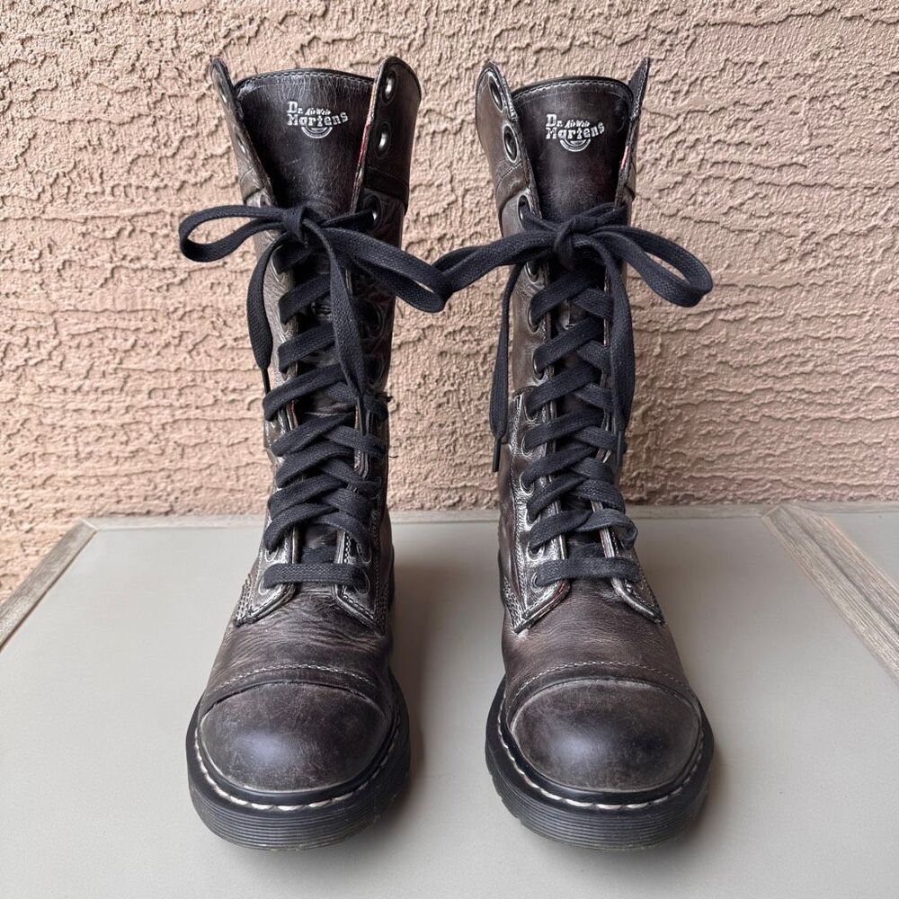 Dr Martens Triumph Boots Womens 9 Gray Black Pink Floral Foldover Tall Combat - Picture 3 of 16